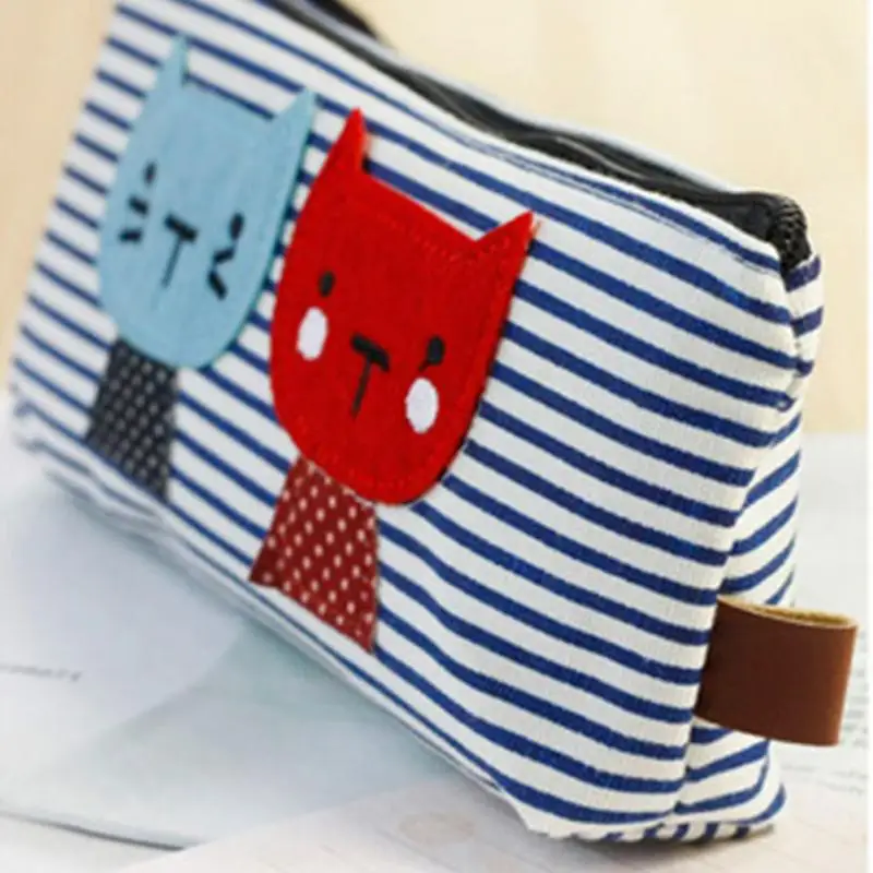 

Canvas Cosmetic Bag Kawaii Cute Cat Zipper Pencil Case Students Striped Stationery Storage Organizer for Girls School Supplies