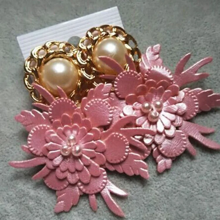 White & Pink lace leather flower pearl earrings fashion jewelry