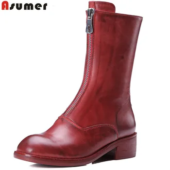 

Asumer 2020 hot sale new arrive women boots fashion zipper square toe genuine leather autumn winter mid calf boots classic