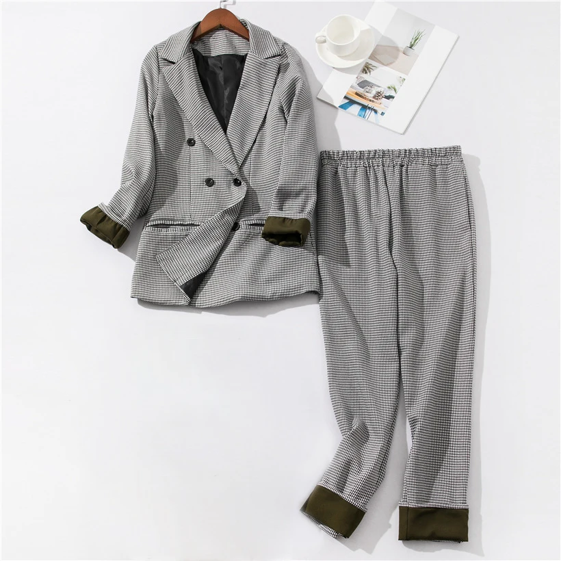 2019 New Women's Pantsuit Double Breasted Long Sleeve Office Blazer Tops & Pants Women's Suit Spring autumn Plaid Two Piece Set