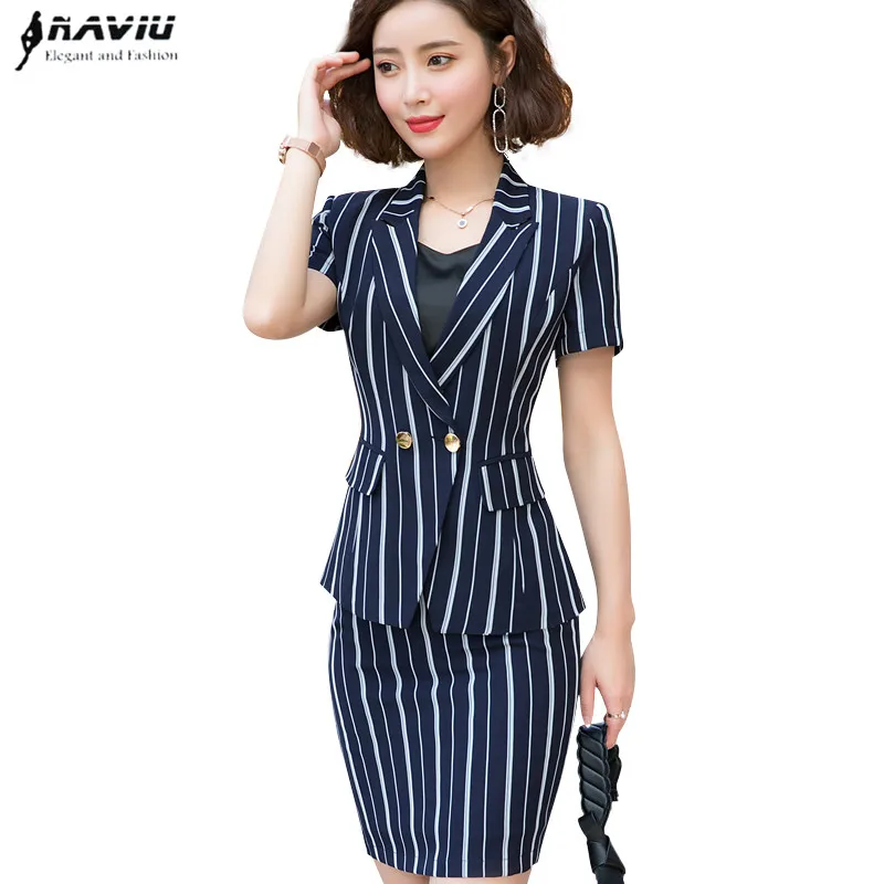 

Summer Career skirt suit women fashion New slim stripes short sleeve blazer and skirt office ladies business interview work wear