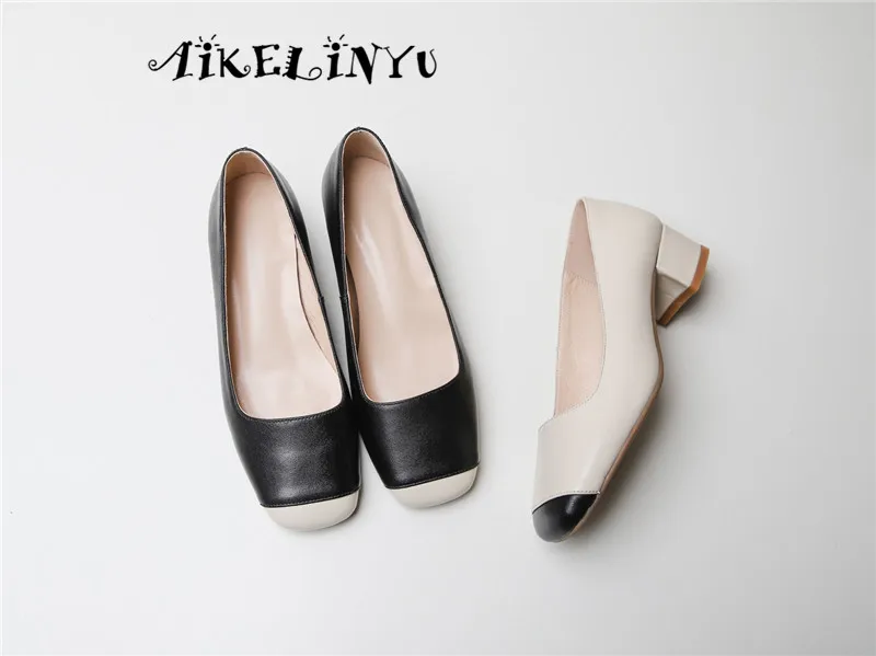 AIKELINYU/модные туфли-лодочки из натуральной кожи; офисные весенние туфли без шнуровки; новые женские туфли-лодочки ручной работы на квадратном каблуке в сдержанном стиле