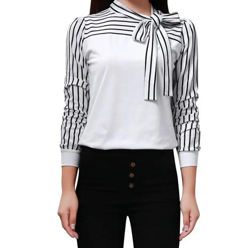 

CHAMSGEND Women Tie-Bow Work Neck Blouse Striped Long Sleeve Splicing Shirt Blouse Drop Shipping 1M5*