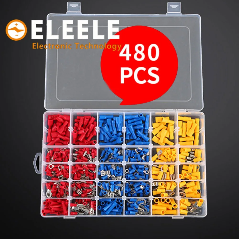 

480Pcs 24value Assorted Insulated Electrical Wire Terminals Crimp Connector Spade Butt Ring Fork Set #4 to 1/4" PN36
