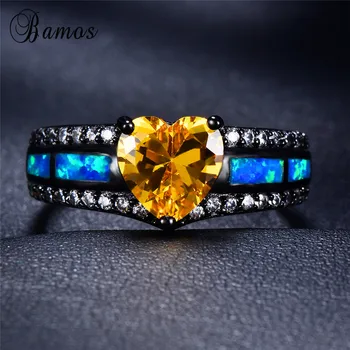 

Bamos Muticolor Heart Fire Opal Ring For Women Men Red/Blue/Green CZ Ring Black Gold Filled Hiphop Jewelry Birthstone Ring