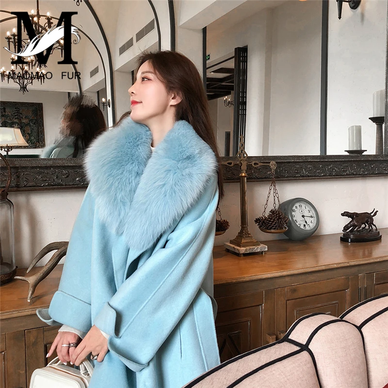 

Women Cashmere Coat Winter Wool Coat With Big Fox Fur Collar Autumn Cashmere Long Coat Female