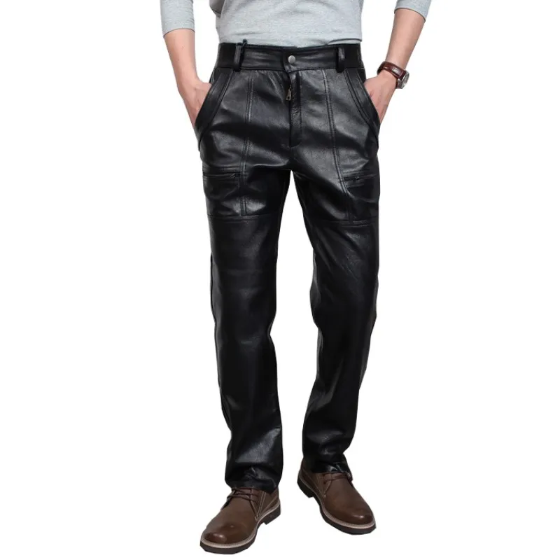 Autumn Winter Male Plus Size Straight Genuine Leather Pants Men's ...