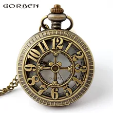 Винтажные кварцевые карманные часы, бронзовые круглые полые арабские цифры, простой дизайн, прекрасные подарки с длинной цепочкой