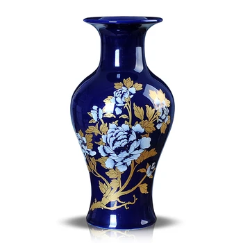 

Jingdezhen ceramics Pastel Blue Gold peony vase fishtail modern home decoration decoration crafts