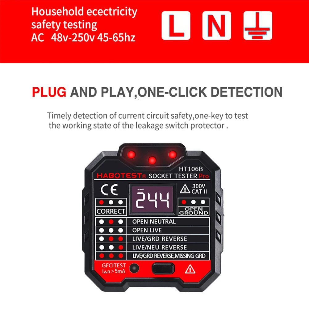 HT106D тест гнезда er Rcd Тест цепи er кабель трекер напряжение тест на выходе тест er заземление Zero линия вилка полярность проверка фазы