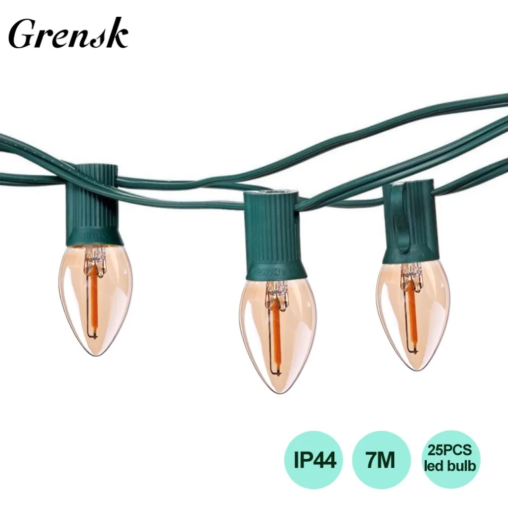 

Grensk 7.8M LED String Lights Outdoor Waterproof 25PCS C7 Candle Bulb Retro LED Filament Bulbs Street Garden Patio Holiday Light