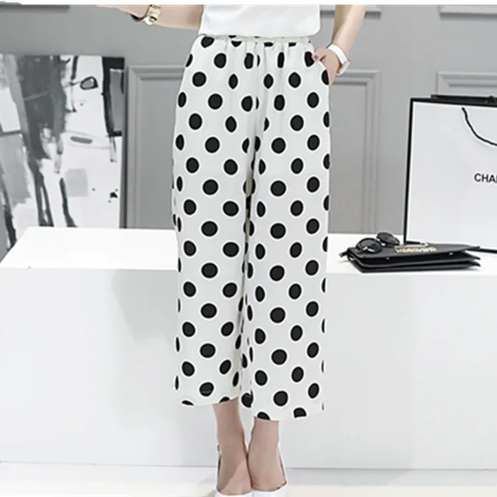 Women's Plus Size Elastic Waist black white polka dot printed chiffon ...