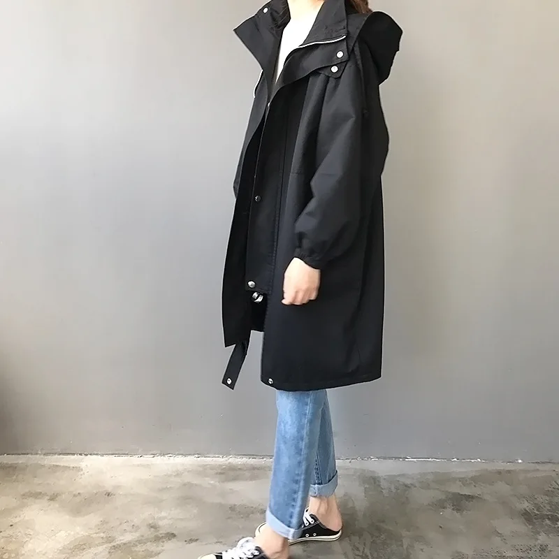 HEE GRAND/осеннее Женское пальто с капюшоном, однобортное, тонкая ветровка, длинный Тренч, шикарный корейский стиль, Harajuku, Черная Женская верхняя одежда WWF913