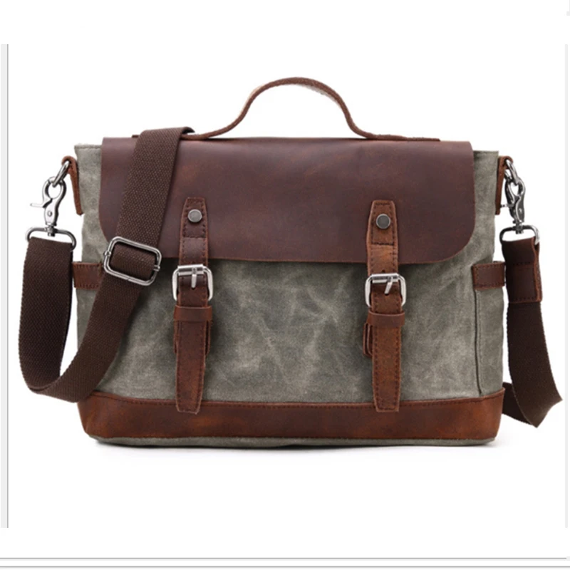 

XIYUAN BRAND men army green/coffee/gray/khaki/black Vintage Messenger bag with crazy horse leather 14 Inch Laptop Crossbody Bag