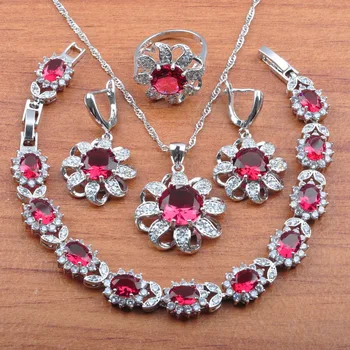 

Amazing Jewelry Sets Rose Red Zirconia Silver Color For Women Flower Earrings Necklace Pendant Rings Bracelet JS0353