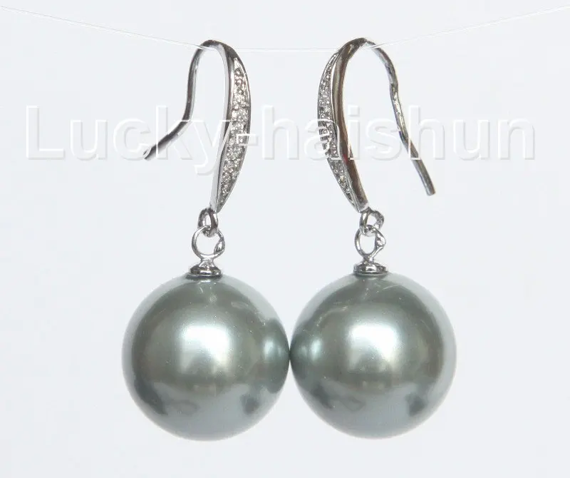 

14mm round gray south sea shell pearls Earrings 925 silver hook -Bride jewelry free shipping