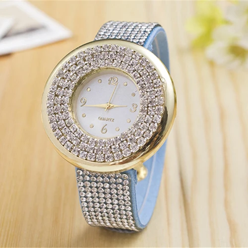 

Luxury Full Rhinestone Faux Leather Round Case Quartz Women Bracelet Wrist Watch