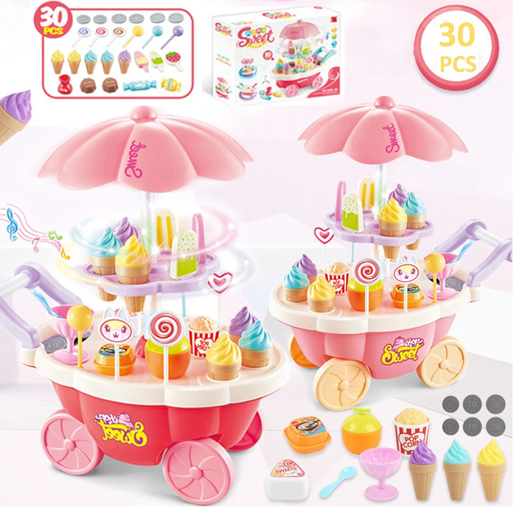 

30PCS/SET Children Role Play House Toys Simulation Shopping Cart Girls Toys Rotaing Icecream Candy Car with Light and Music