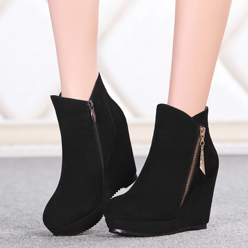Karinluna Bottes De En Suède Vache Cuir Talons 2019 Hauts Plate Nouveau Chaussures Élégante Cheville Compensées Daim Femme Noir Femmes forme Qrdtsh