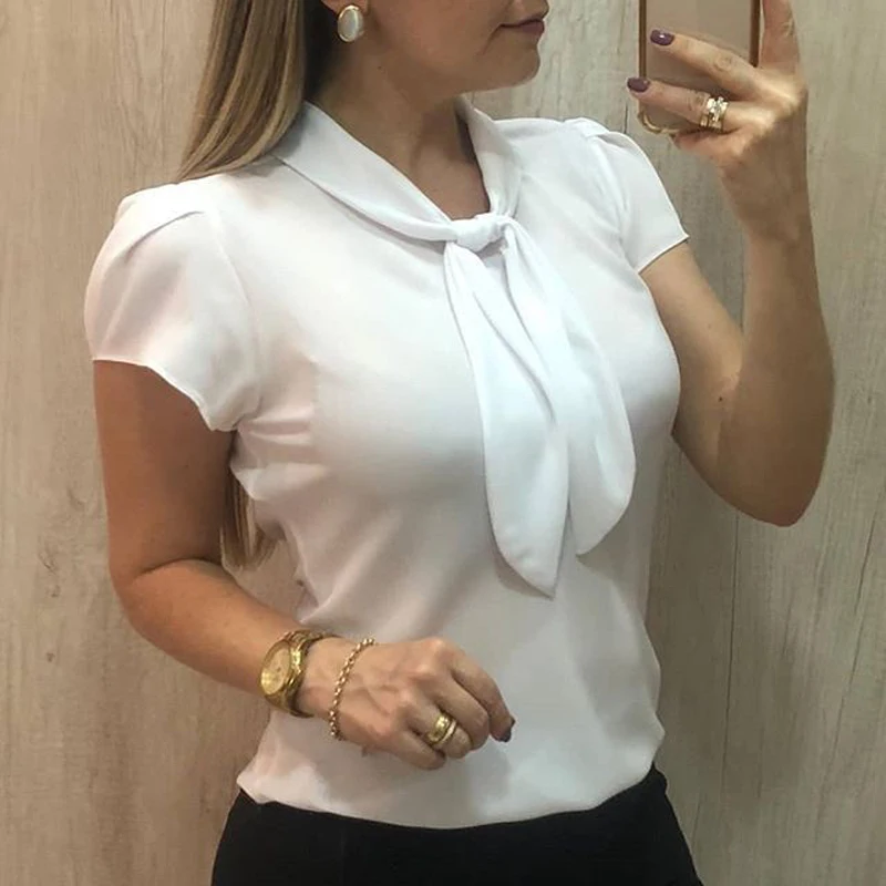 Fanbety, модная женская блузка, женская летняя офисная блуза с галстуком-бабочкой, топы, элегантные сексуальные кружевные шифоновые блузки 5XL