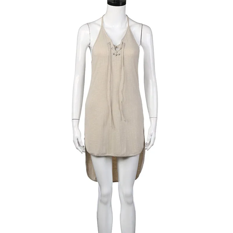dress female sleeveless and mini beach dress khaki solid color summer 2018 sexy beach dress casual dropshipping#F#40JY317