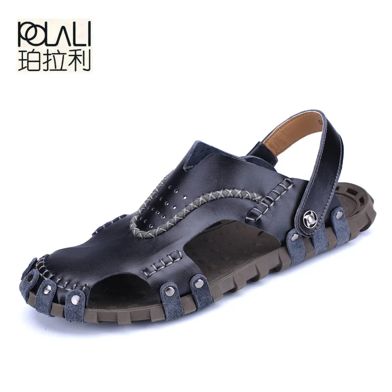 POLALI High Quality Men Leather Sandals Summer Beach Shoes Casual Men Sandals Beach Male Sandal Fashion Slides