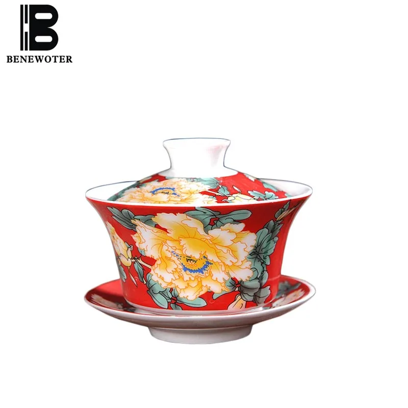 

330cc Chinese Style Hand Painted Peony Flower Pattern Gaiwan Office Master Tea Bowls with Lid Saucer Kit Drinkware Teapot Gifts
