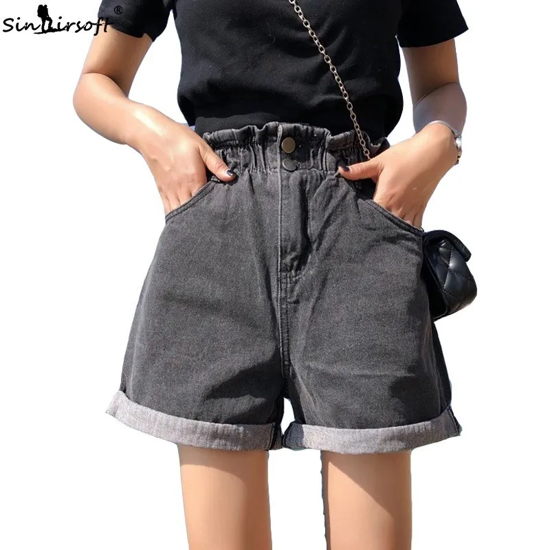 

2019 Summer fashion women's elastic waist blue high waist denim shorts street Korean version of loose casual denim pocket shorts