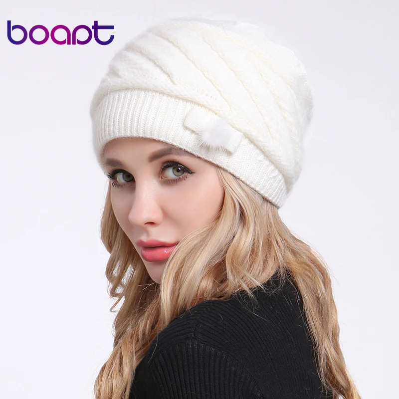

[boapt] Fold Braids Back Rope Knitted Angora Rabbit Bonnet Caps For Women's Hat Female Winter Hats Mother Lady Skullies Beanies