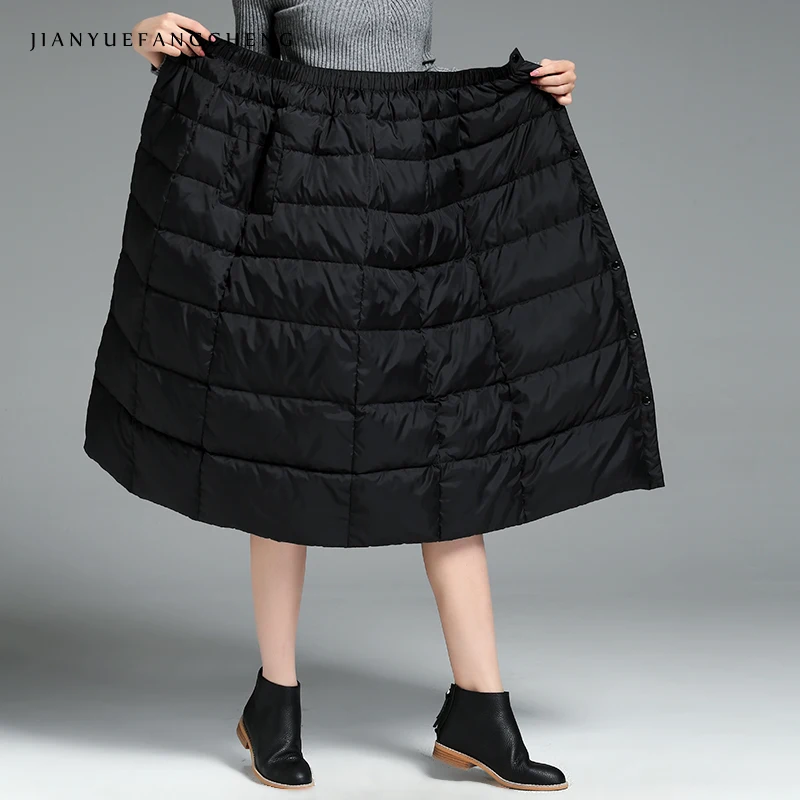 Модная юбка на утином пуху, женские зимние длинные юбки макси, утолщенные теплые трапециевидные юбки размера плюс с высокой талией, черные женские юбки