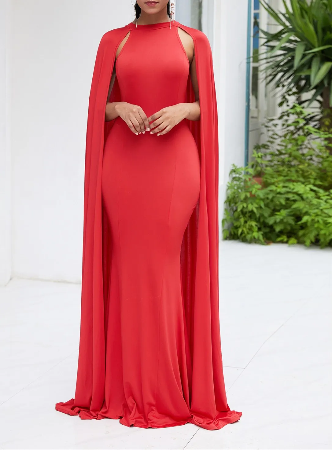 

Women Sexy Evening Party Dress O-Neck Slim Cape Sleeve Bodycon Dress Elegant Mermaid Dress Female