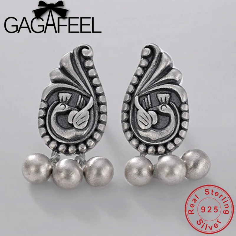 

GAGAFEEL Pure 100% 925 Sterling Silver Peacock Pattern Earrings for Women Female Wholesale Retro Wedding Jewelry