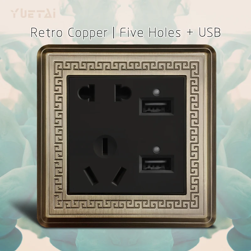 

2017 Home Automation Wall socket retro copper style plug 5holes 2USB