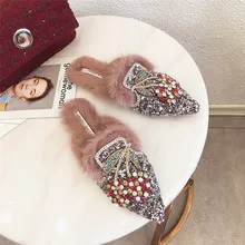 Designers da marca Coelho Cabelo de Cristal Confortável Sapatos de Inverno Mulher Pele De Animal Chinelos Planas Slides Mulas Flip Flops 2018