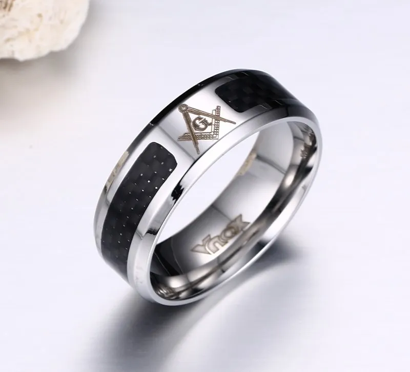Meaeguet Black Men Rings Stainless Steel Masonic Rings Wholesale Punk Carbon Fiber Wedding Rings for Men Jewelry Free Shipping