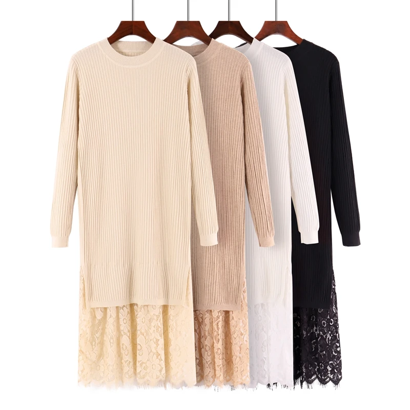 

GIGOGOU Long Women Autumn Winter Pullover Sweater Fashion Knitted Lace Casual Jumper Soft Warm Female Sweater
