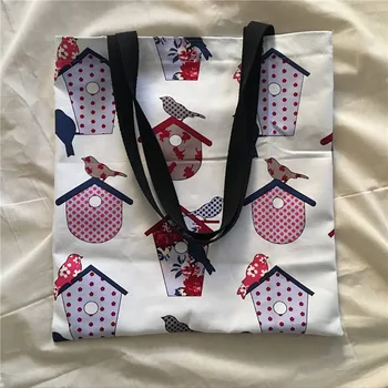 

YILE Cotton Canvas Eco Shopping Market Tote Shoulder Bag Print Bird House Black Strap 8414b
