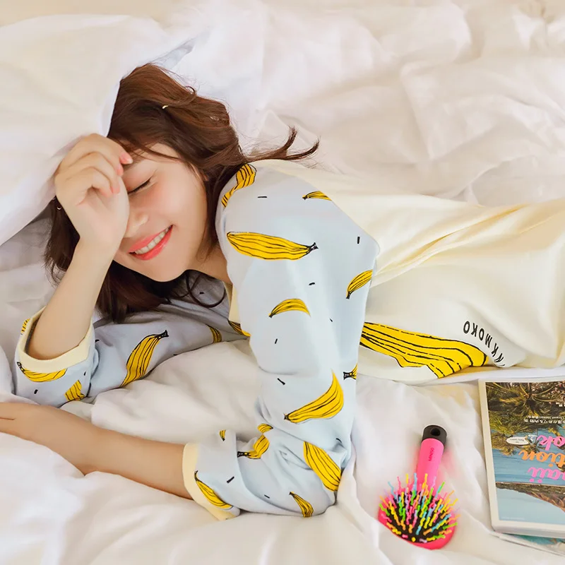 Хлопковое женское Новое дизайнерское ночное белье, женские модные пижамные комплекты с круглым вырезом и принтом банана для девочек, женские пижамные комплекты в Корейском стиле