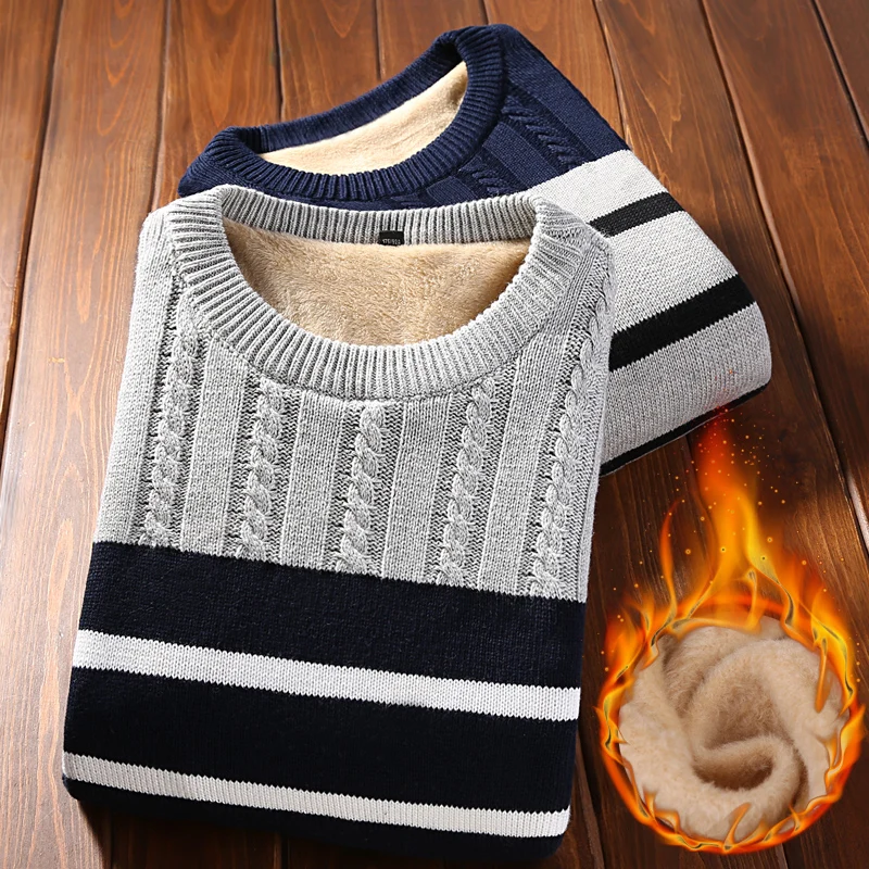Зимний толстый мужской свитер, новинка, корейский стиль, мужской свитер в полоску с круглым вырезом, тонкий бархатный пуловер, свитер для мальчика-подростка M25