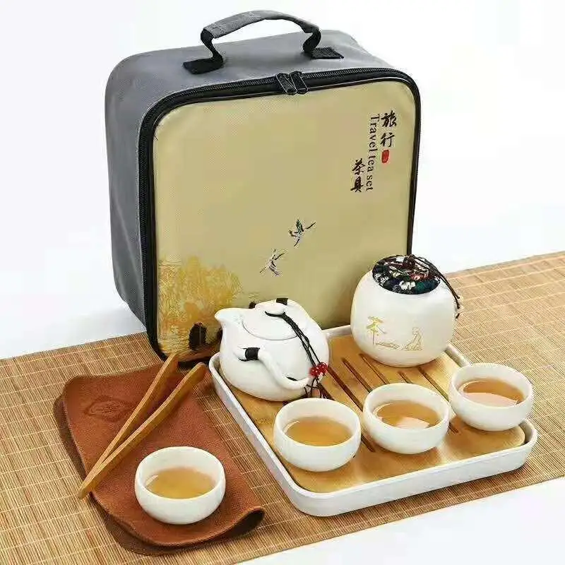 Портативный набор для чая Китайский Чайный набор кунг-фу керамический чайник Traveller чайная посуда с мешком чайный набор гайванские чашки для чая чайной церемонии - Цвет: Темно-серый