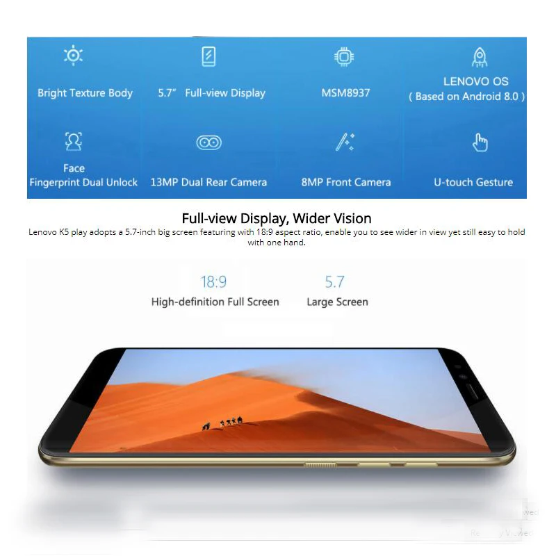 Lenovo K5 Play Смартфон Android 8,1 мобильный телефон Восьмиядерный распознавание лица 32 Гб ПЗУ 5,7 дюймов отпечаток пальца 13,0 МП