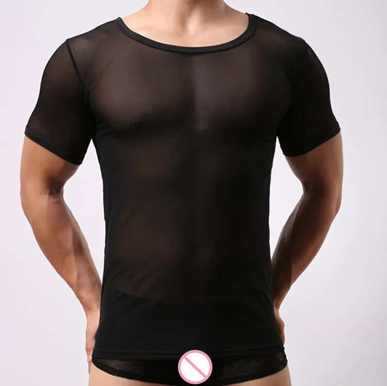 

Hot Brand Men Sexy Singlet Mesh Sheer Transparent Shirt Tops Underwear Exotic Sleepwear Net tshirt Undershirts Size M L XL
