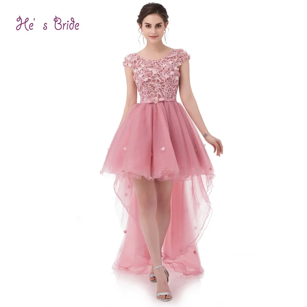 2017 New Arrival Sweet Pink Lace Evening Dress Short Front Long Back