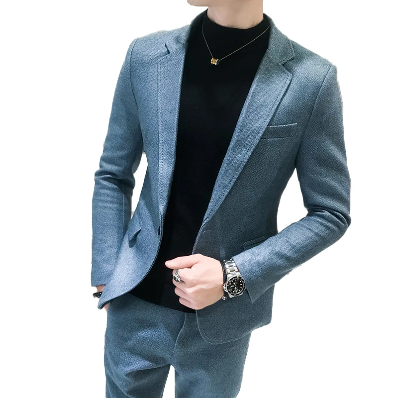 

( Jacket + Pants ) 2019 New Mens Fashion Boutique Solid Color Wool Slim Casual Business Suit Male Groom Wedding Dress Suit