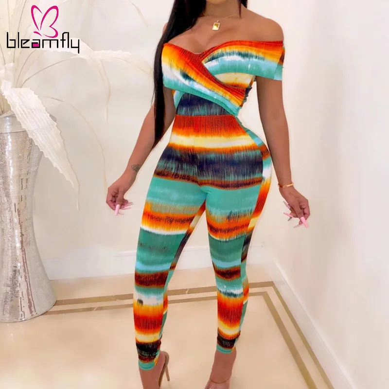 

Summer Colorful Rainbow Sexy Off Shoulder Jumpsuits Vintage Night Club Bodycon Playsuit One Piece Overalls Long Boho Rompers