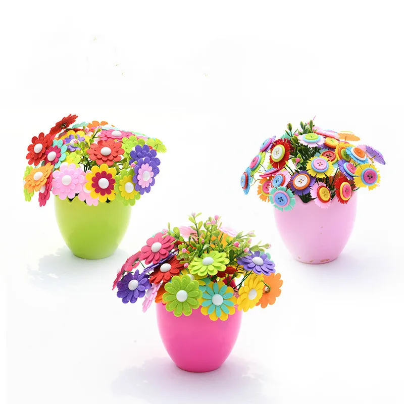 

Creative Button Design Bouquet Kids DIY Handcraft Flower Toy Educational Buttons Threading Handmade Flowers Bough-pot Toy Gift