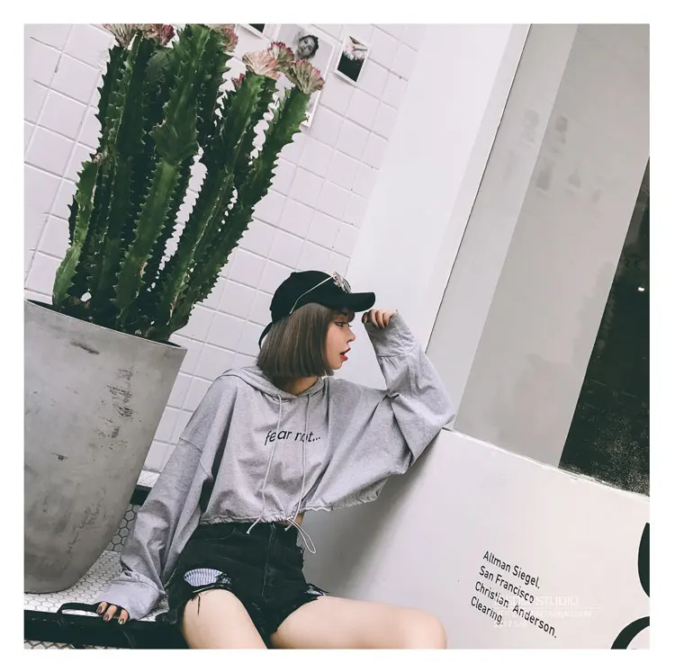 Осенние Новые Топы с длинным рукавом Harajuku Толстовка Короткая Толстовка с капюшоном для женщин повседневные Черные розовые Kpop красные пуловеры шоу одежда