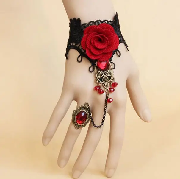 

Red Rose Wedding bride wedding dress lace bracelet connected ring one female jewelry chain 92509