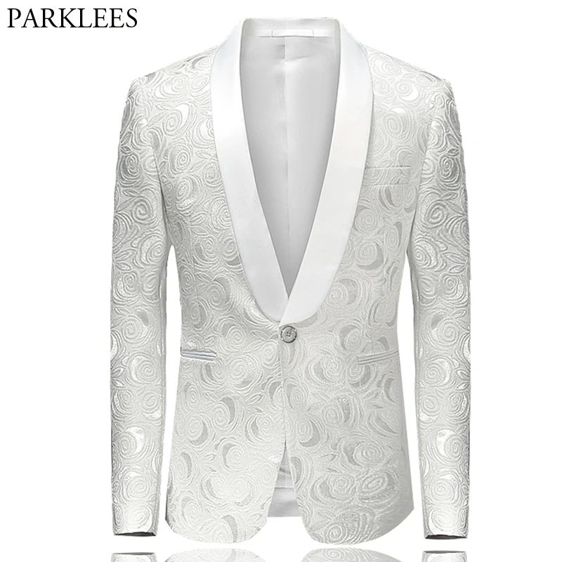 

Mens White Rose Floral Jacquard One Button Dress Blazer Brand Shawl Lapel Slim Fit Wedding Groom Tuxedo Suit Jacket for Male