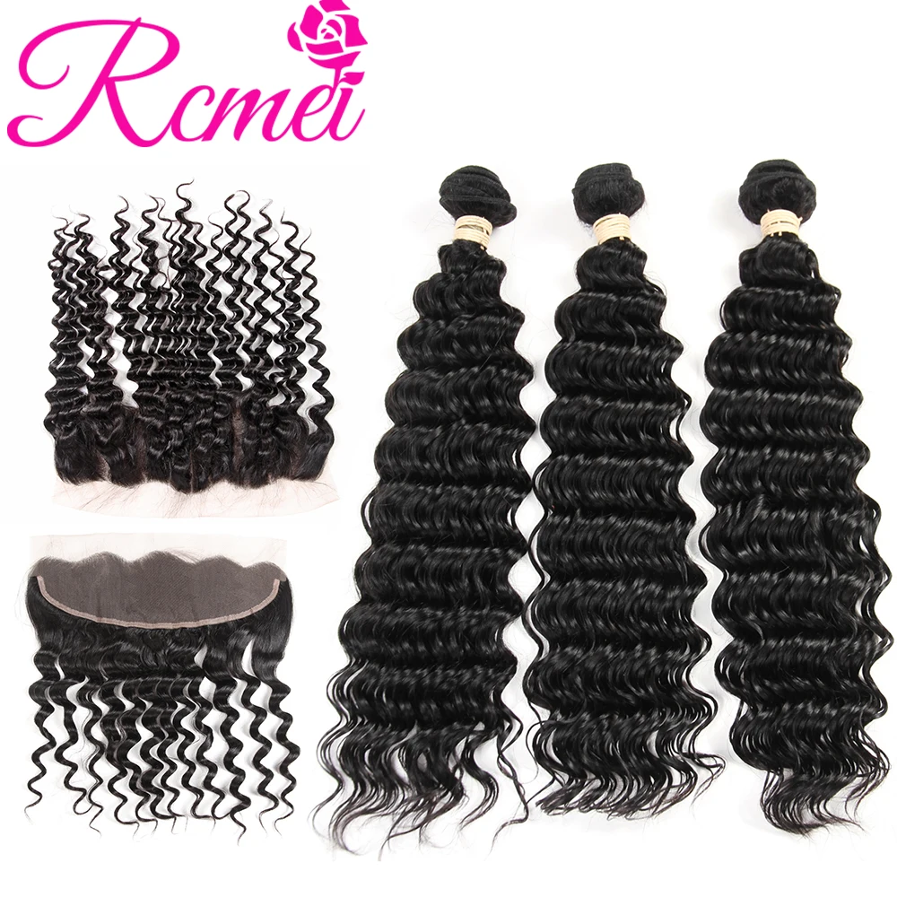Rcmei Human Remy Hair Bundles With frontal Closure 3 Bundles Peruvian